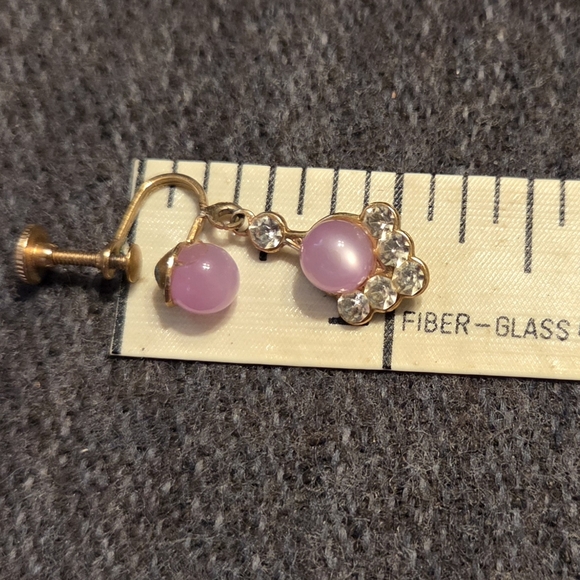 Vintage Pair Of Earrings Pink Faux Pearl & Rhinestone Dangle Screwback Spring - Picture 3 of 3